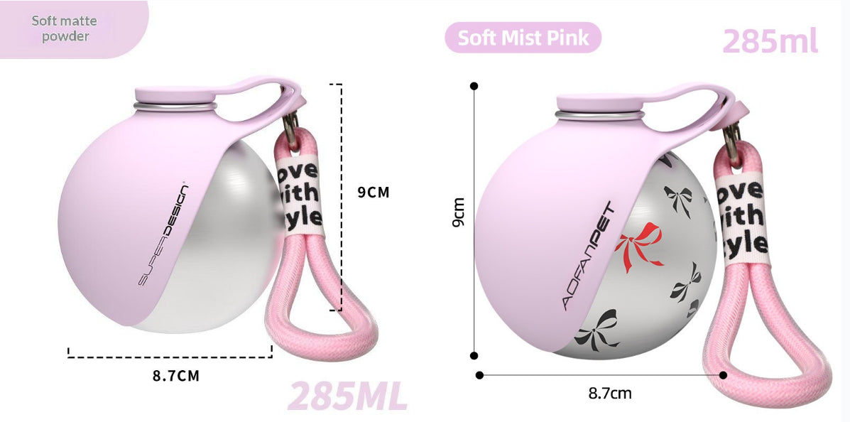 Pink Pawsport portable dog water bottle, 285ml, with braided carry strap