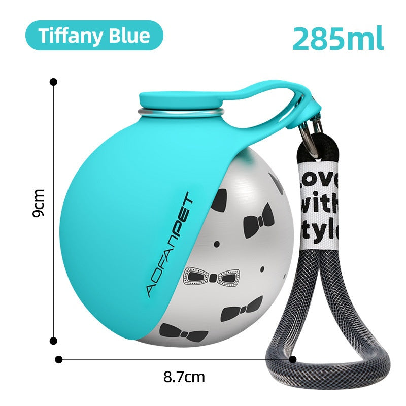 Tiffany blue Pawsport dog water bottle with fold-out bowl and braided carry strap