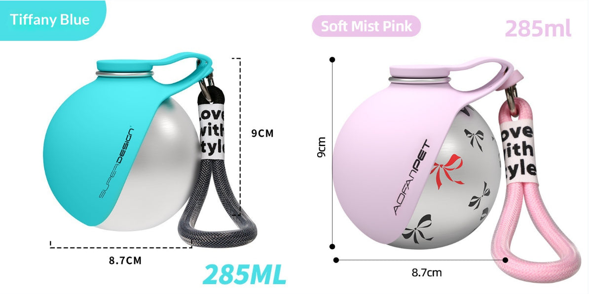 Blue and pink Pawsport portable dog water bottles with fold-out bowls side by side