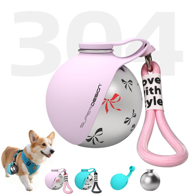 Pink Pawsport stainless steel dog water bottle with fold-out silicone bowl