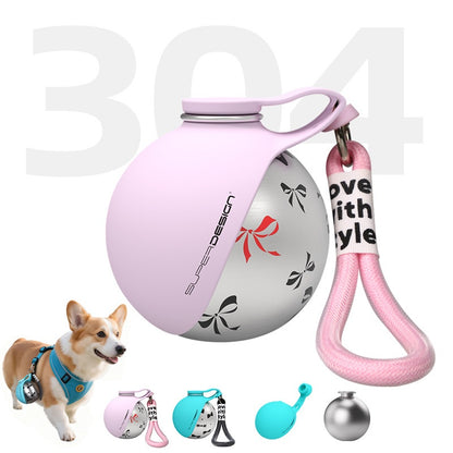 Pink Pawsport stainless steel dog water bottle with fold-out silicone bowl